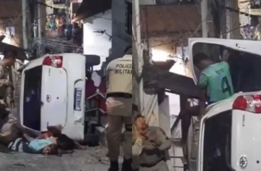 Criminosos capotam carro durante fuga da polícia no bairro de Itapuã, em Salvador