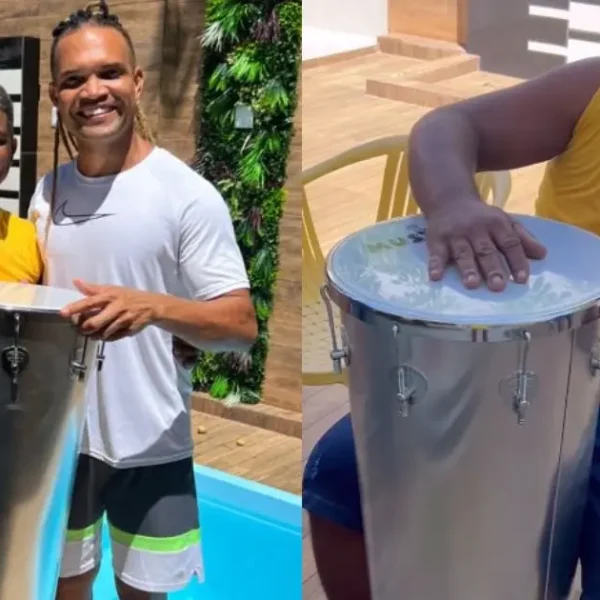 Buja Ferreira presenteia fã da Timbalada que viralizou ao tocar em carcaça de caminhão com timbal