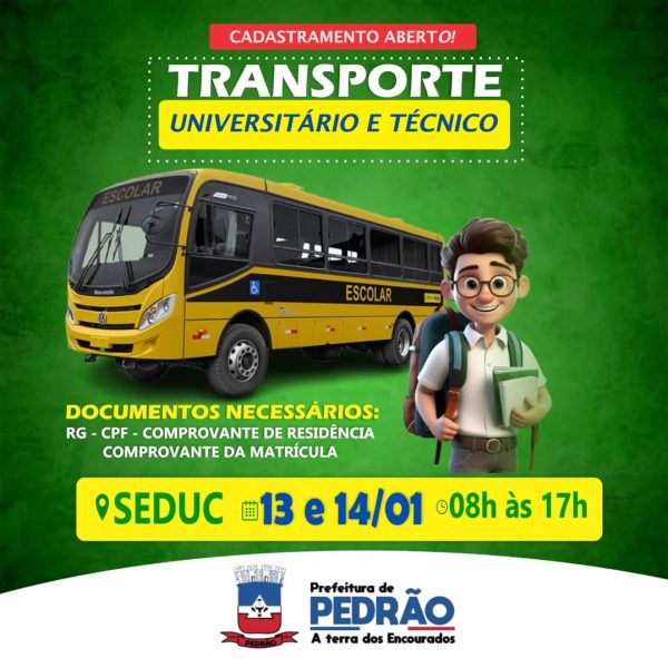 Prefeitura de Pedrão convoca estudantes para cadastro no transporte estudantil