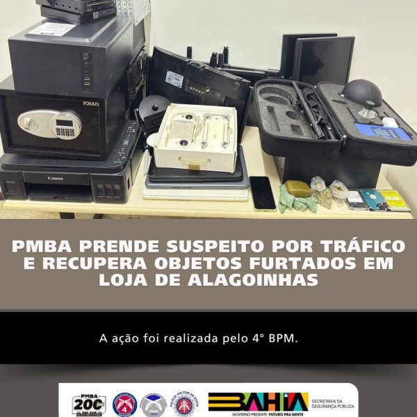 PMBA PRENDE SUSPEITO POR TRÁFICO E RECUPERA OBJETOS FURTADOS EM LOJA DE ALAGOINHAS
