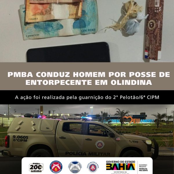 PMBA CONDUZ HOMEM POR POSSE DE ENTORPECENTE EM OLINDINA