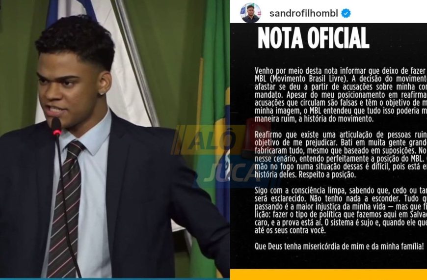 VEREADOR EXPULSO: Sandro Filho é desligado do MBL após denúncia de nepotismo e omissão em fiscalização pública; político nega acusações