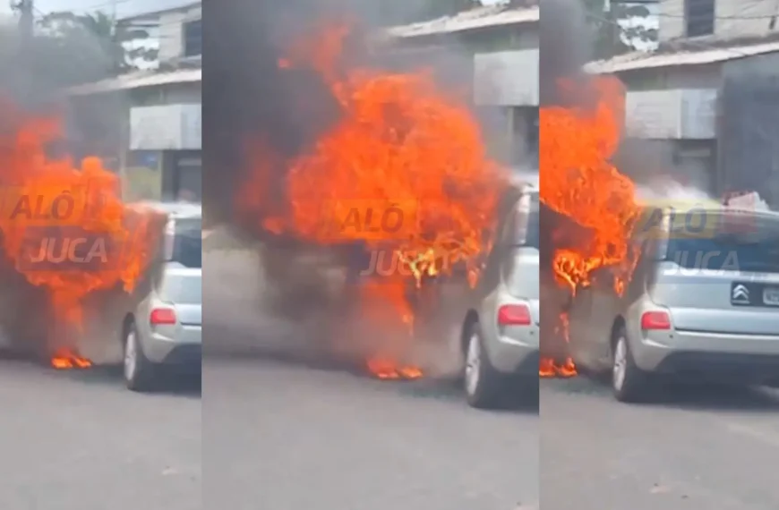 AGORA: Citroën pega fogo na estrada das Cascalheiras, em Camaçari; vídeo mostra veículo sendo consumido pelas chamas